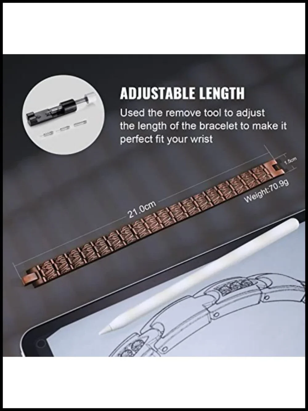 99.9% Pure Copper Magnetic Bracelet 3500 Gauss Adjustable Cuff Mens